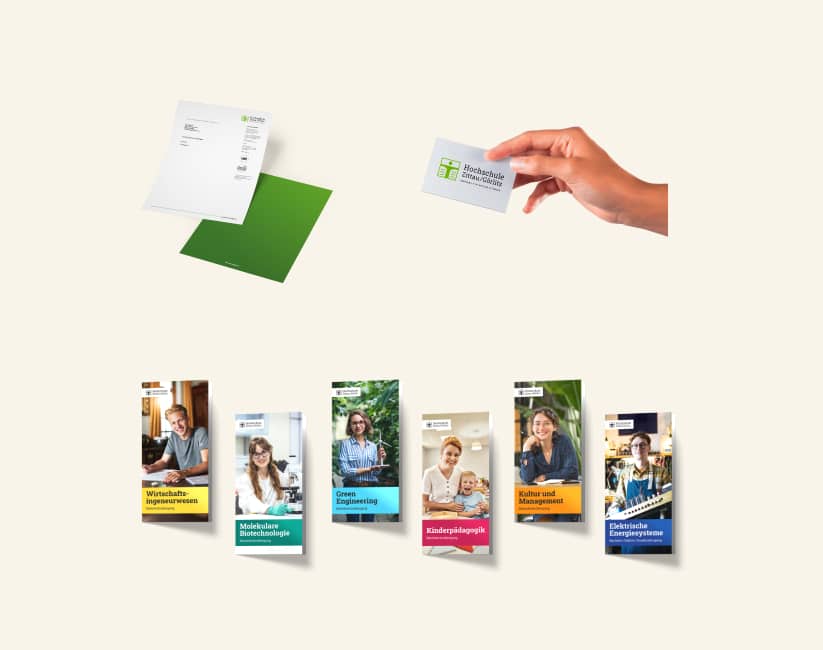Printmaterialien der HSZG im neuen Corporate Design – Briefpapier, Visitenkarten und Fakultätsflyer