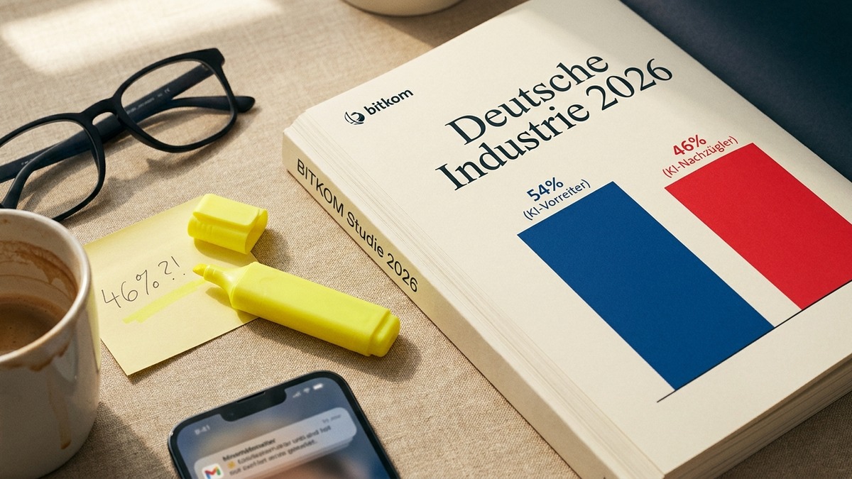 Editorial-Foto: Bitkom-Studie 2026 mit Bar-Chart 54%/46% KI-Vorreiter vs Nachzügler, daneben Brille, gelber Highlighter, Sticky-Note "46%?!", Coffee und Smartphone.