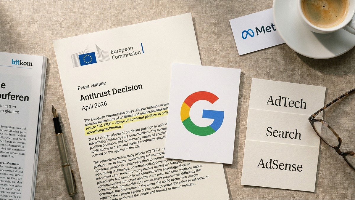 Editorial-Still-Life: EU-Kommissions-Press-Release Antitrust Decision April 2026 mit Google-Logo, Meta-Karte und AdTech/Search/AdSense-Index-Cards.