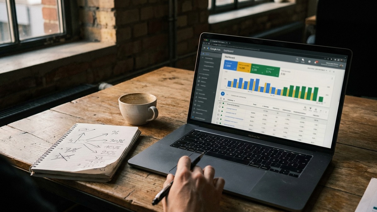 Editorial-Foto: Praktiker pruefte Google-Ads-Dashboard, Notebook mit handgemalten Stellschrauben-Pfeilen.