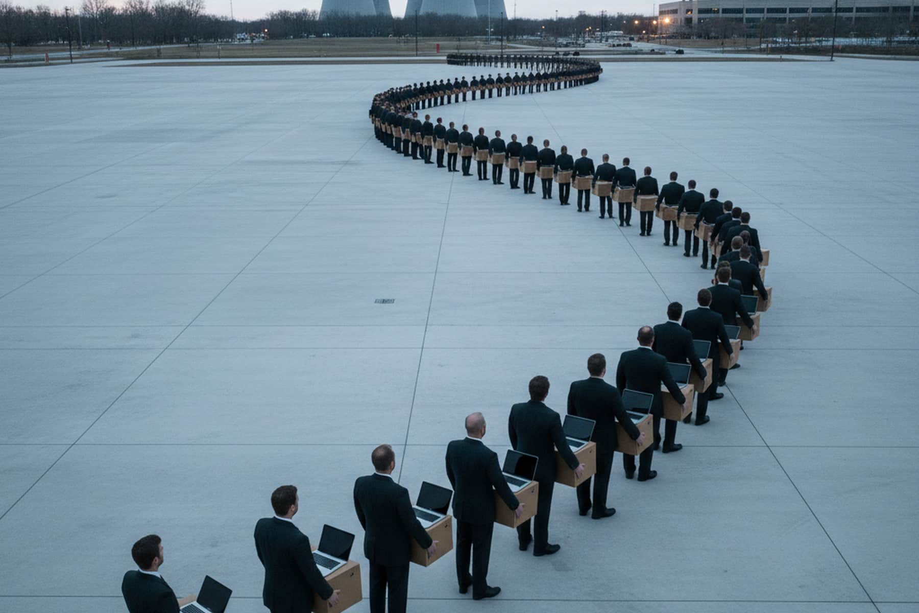 Lange Schlange anonymer Tech-Mitarbeiter mit Pappkartons vor Rechenzentren u2014 Symbolbild fu00fcr 90.000 Big-Tech-Layoffs 2026
