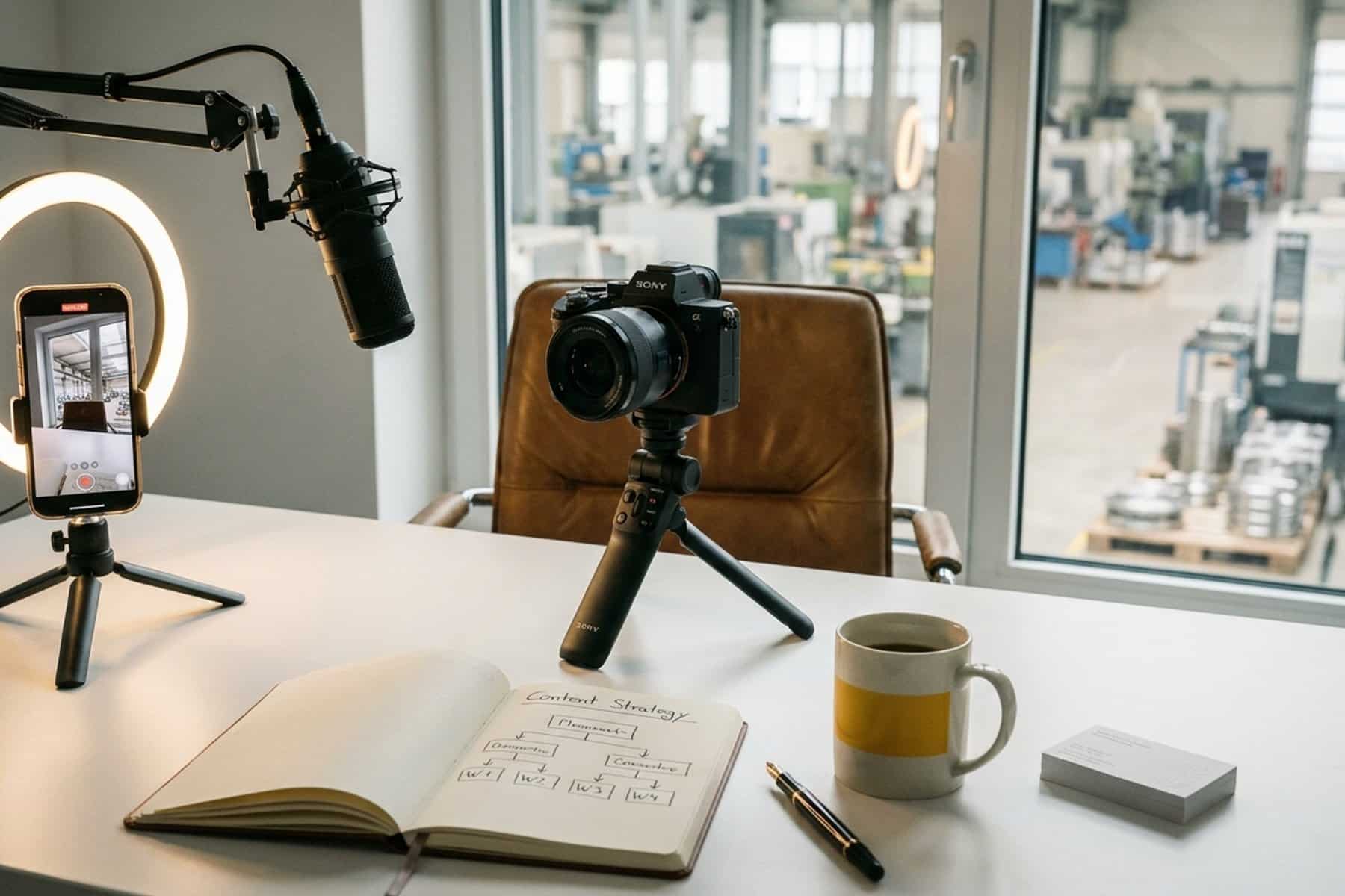 Mittelstand-Office mit Sony-Kamera, Profi-Mikrofon, Ringlight und Content-Strategy-Notebook, im Hintergrund eine Mittelstand-Werkshalle