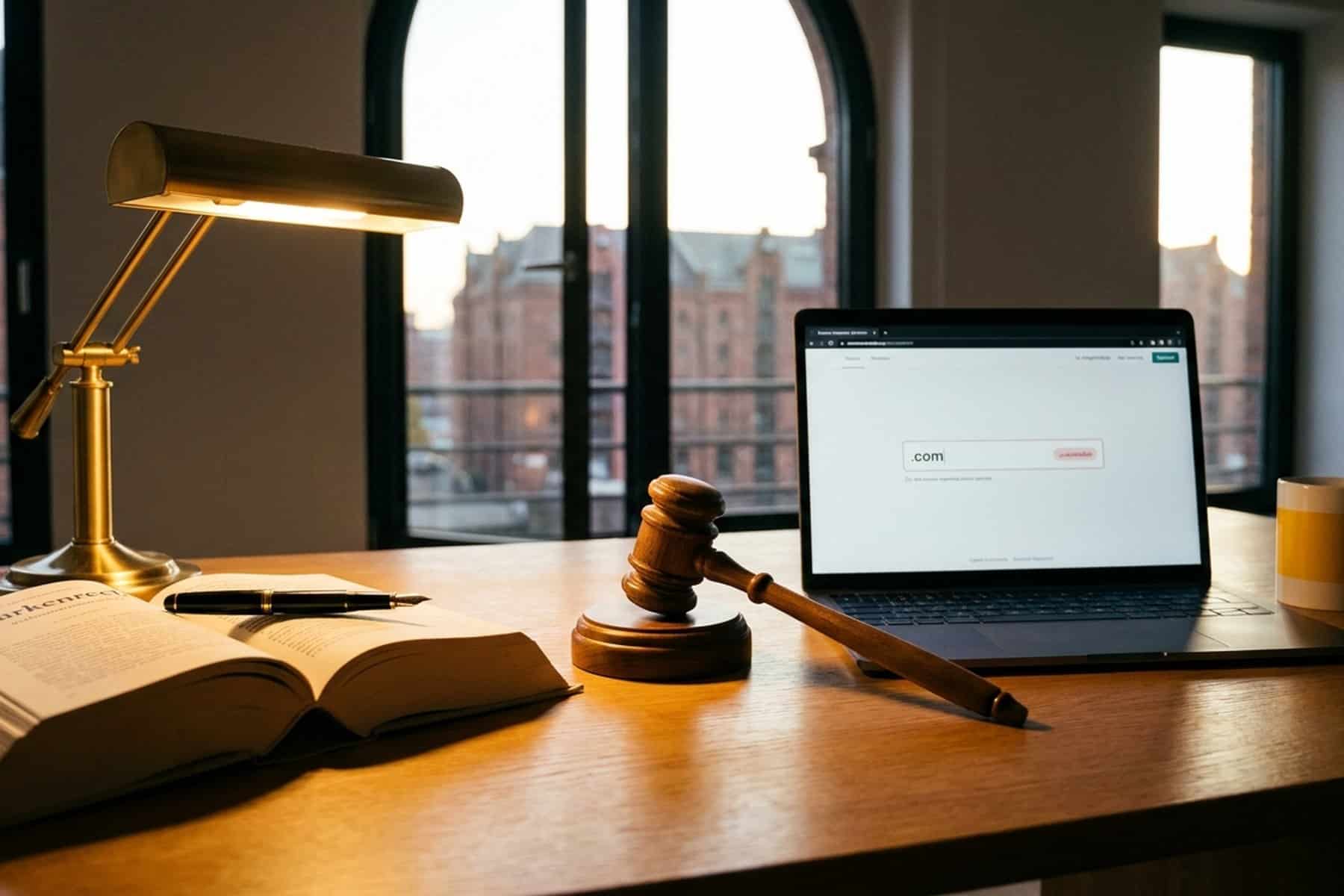 Markenrecht-Buch + Richterhammer + Laptop mit .com-Domain-Eingabe vor Hamburg Speicherstadt im Hintergrund