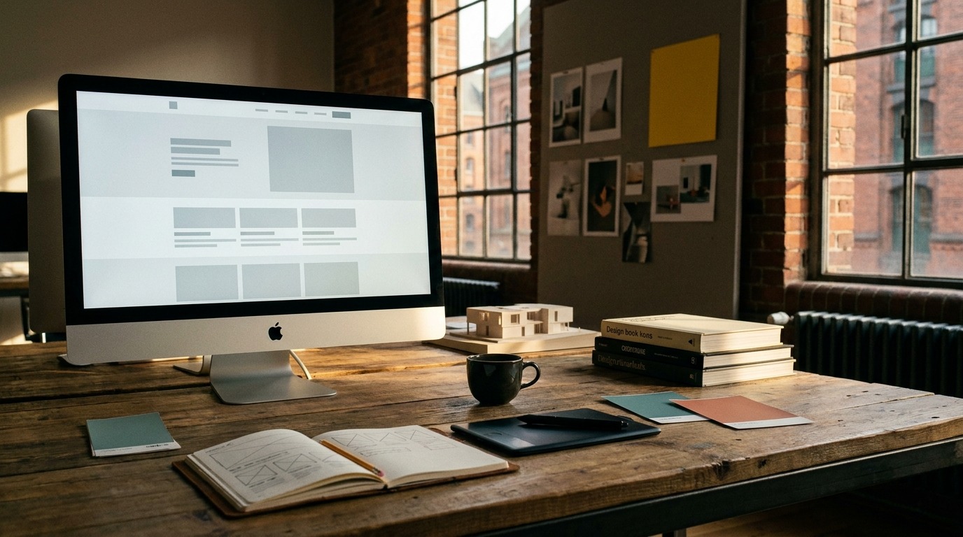 Webdesign für Unternehmen 2026: Was eine gute Website wirklich ausmacht Hamburg-Design-Agentur-Workstation mit iMac-Wireframe, Notizbuch-Sketches, Tablet und Mood-Board